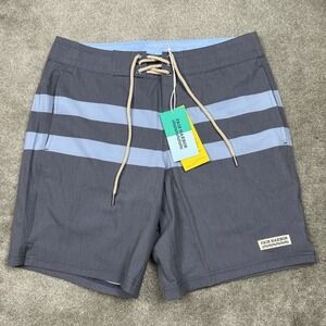FAIR HARBOR Mens Nautilus Board Shorts Blue Gray Stripe Swim Trunks 30 NWT